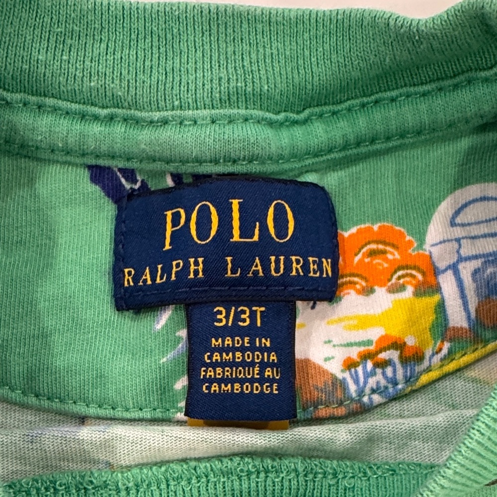 Polo by Ralph Lauren Kids T- Shirt in Green Ocean Print with Polo Bear - Picture 2 of 4